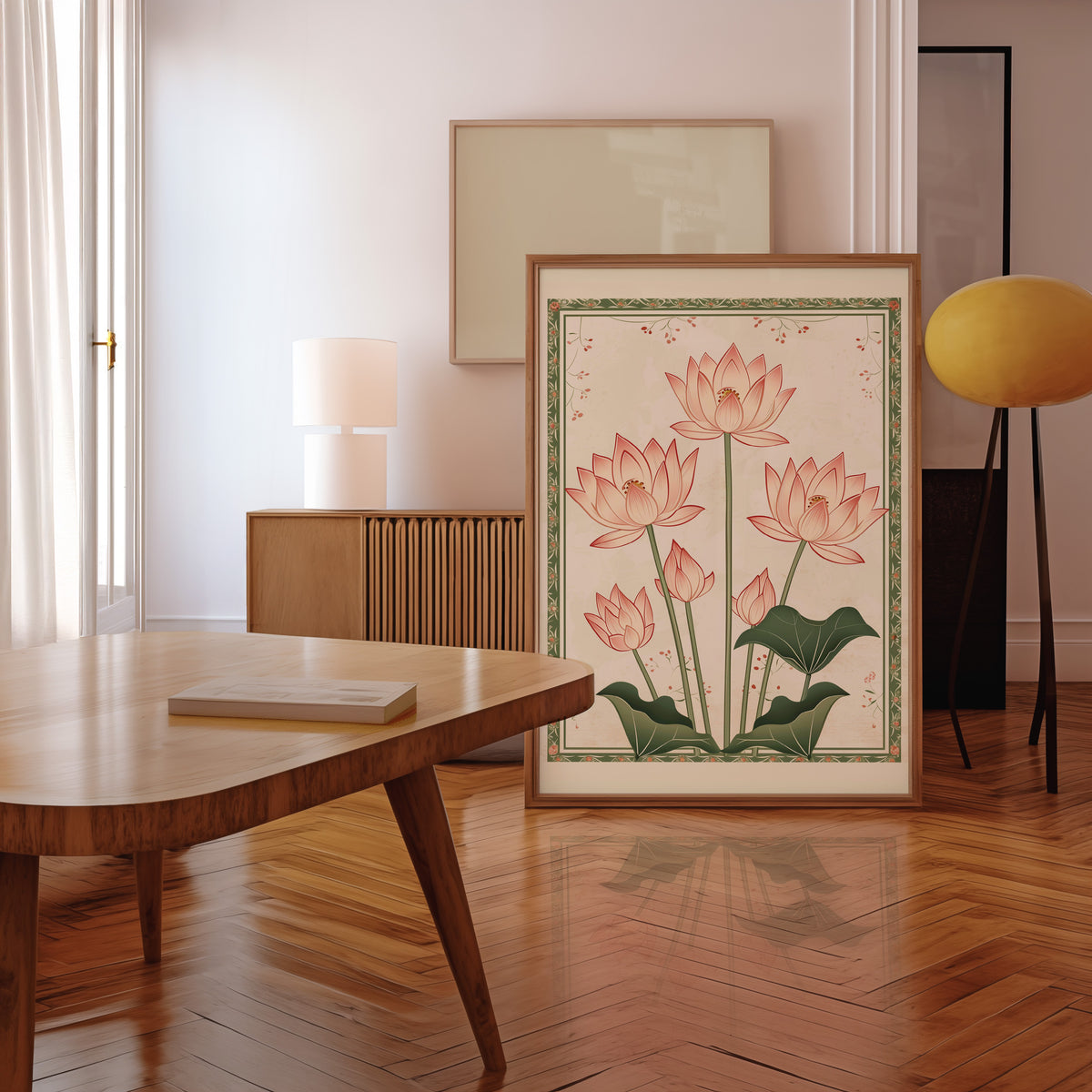 Five pink lotus flowers print in a walnut frame leaning in a mid-century living room