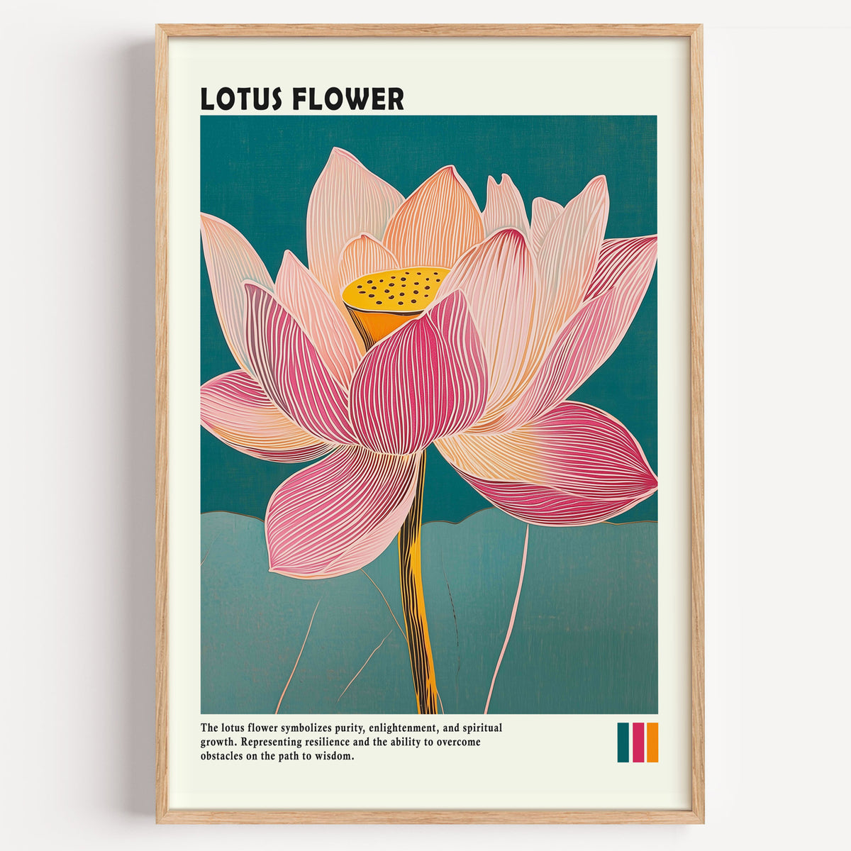 Single pink lotus on teal print in a light oak frame on a plain white wall