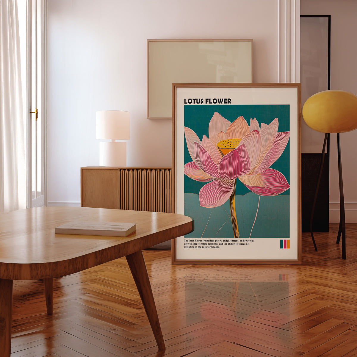 Single pink lotus on teal print in a walnut frame leaning in a mid-century living room