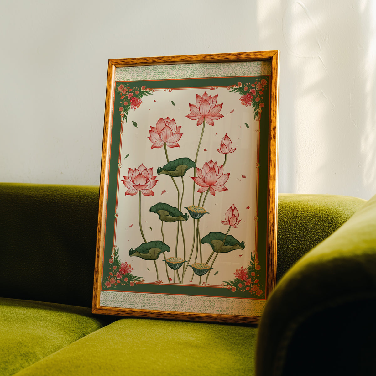 Pink lotus with green ornamental border print in an oak frame propped on a green velvet sofa