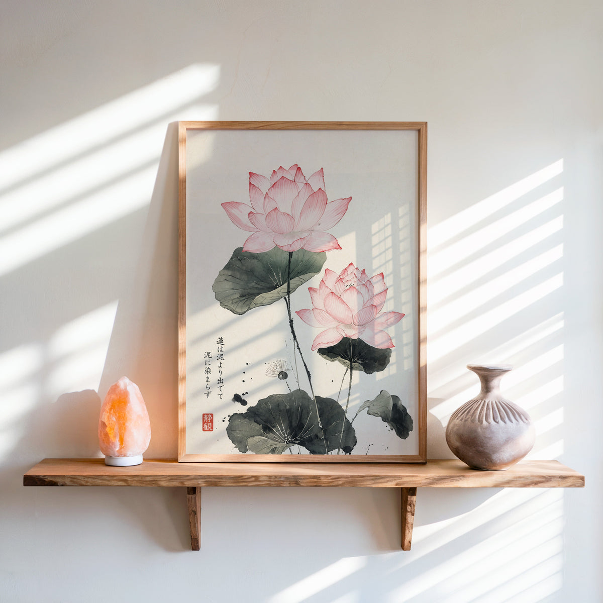pink lotus ink painting with proverb print in an oak frame on a live-edge wall shelf with a salt lamp and clay vase