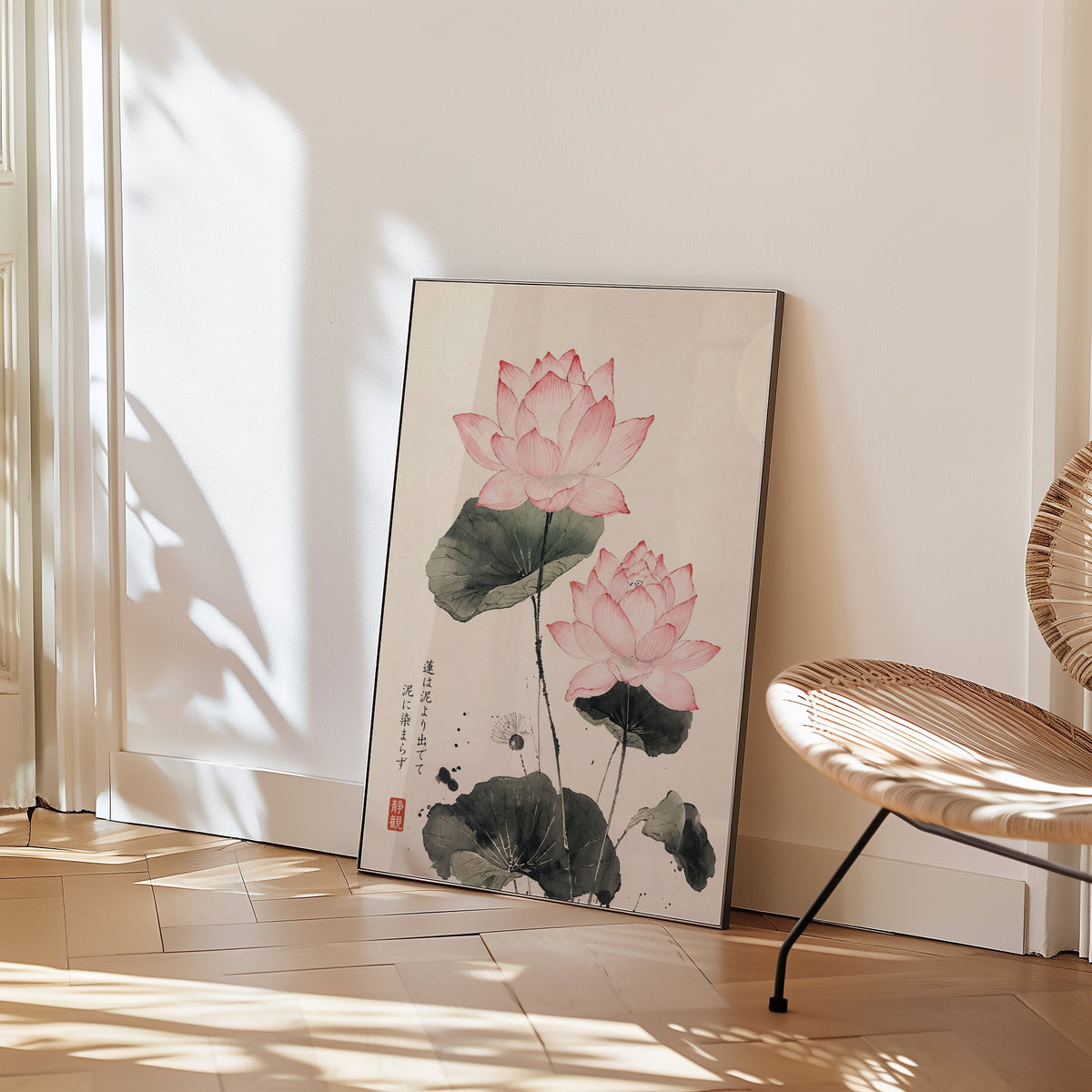 pink lotus ink painting with proverb print in a black frame leaning on a herringbone floor beside a woven rattan chair