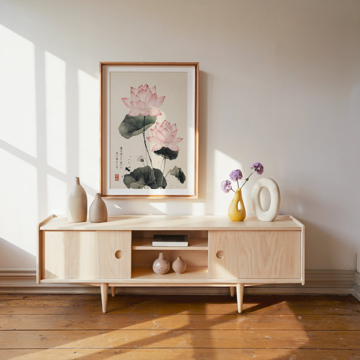 pink lotus ink painting with proverb print shown in a wood frame with a white mat above a pale wood media console