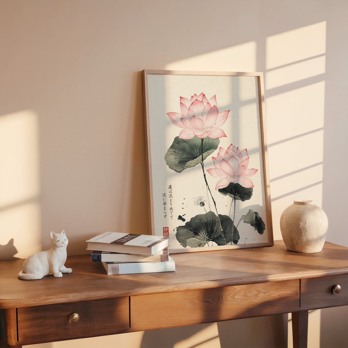 pink lotus ink painting with proverb print shown in a rose gold frame leaning on a wooden writing desk with books