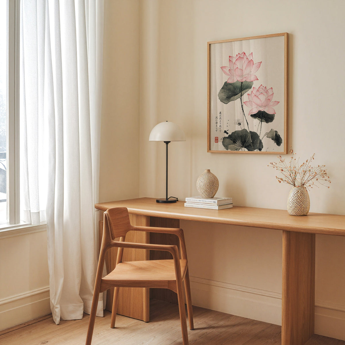 pink lotus ink painting with proverb print in an oak frame above a long oak desk with a white dome lamp and woven vases