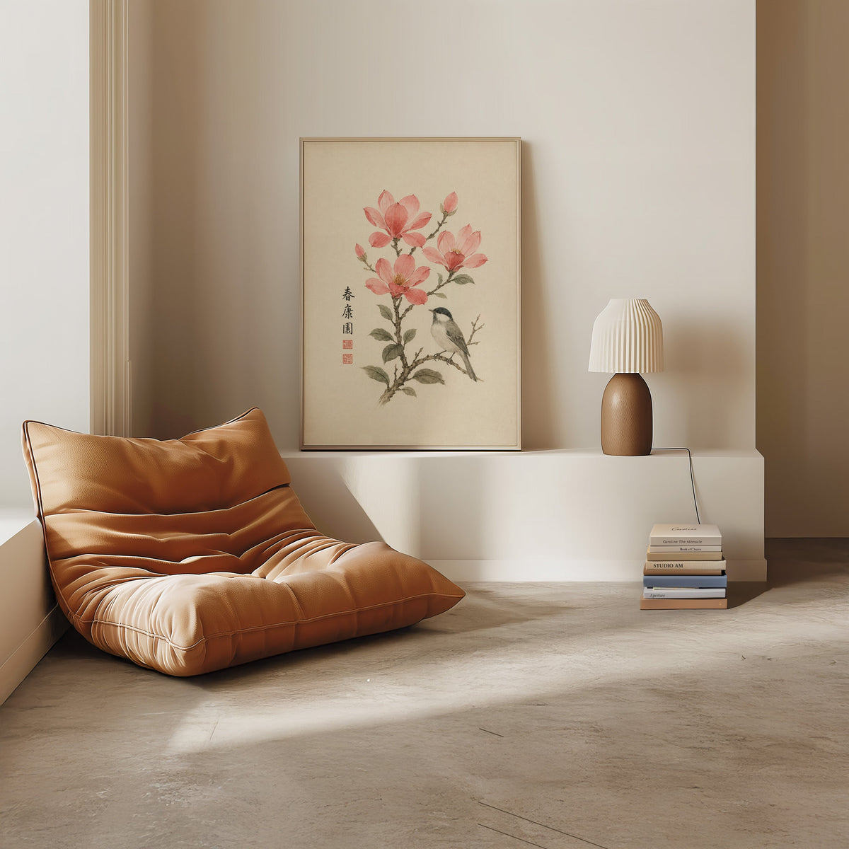 songbird on pink blossom branch print in a light oak frame on a white ledge by a tan leather floor chair