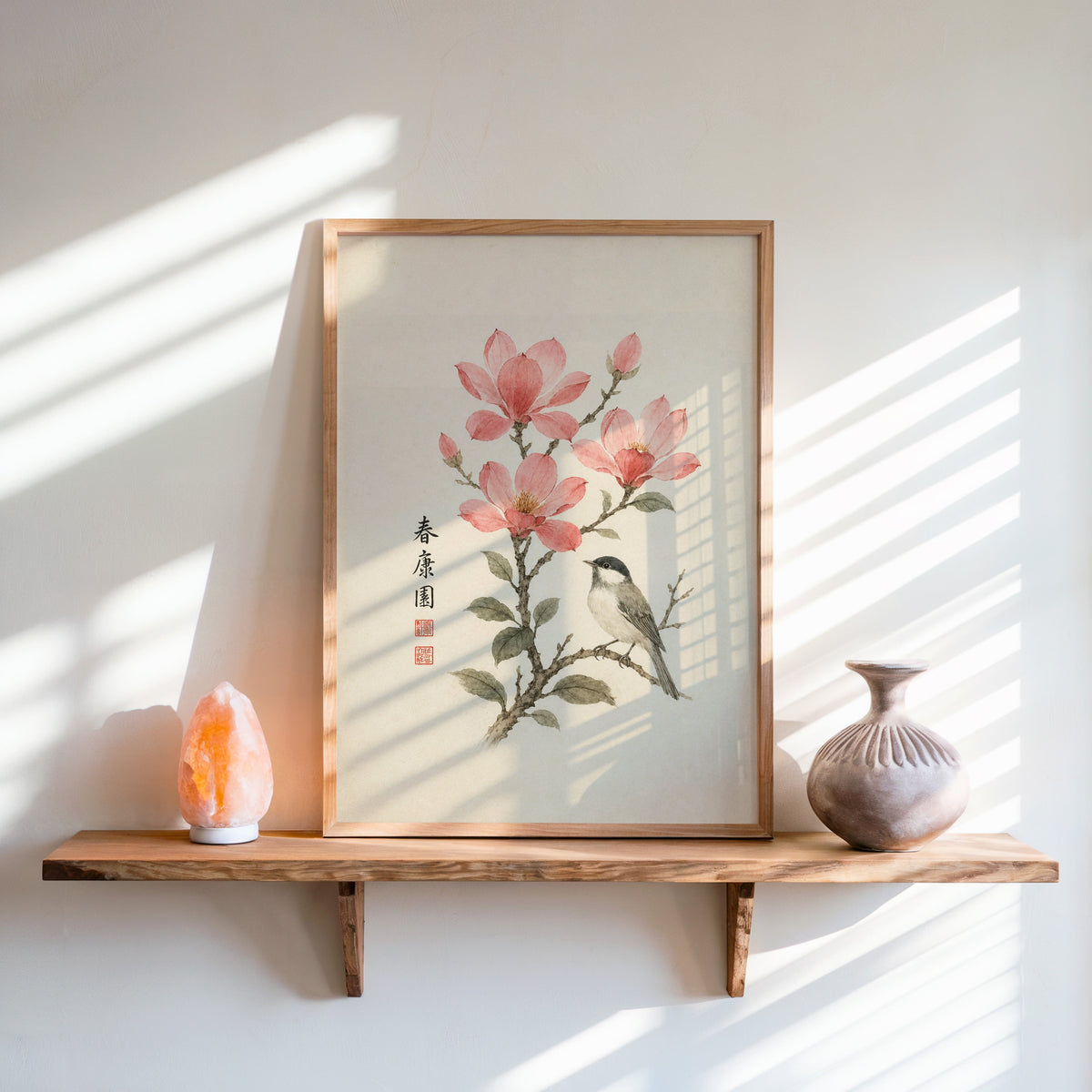 songbird on pink blossom branch print in an oak frame on a live-edge wall shelf with a salt lamp and clay vase