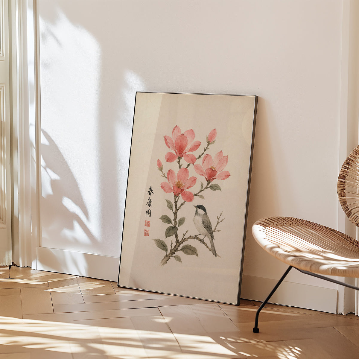 songbird on pink blossom branch print in a black frame leaning on a herringbone floor beside a woven rattan chair