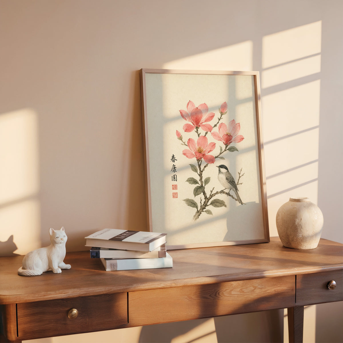 songbird on pink blossom branch print shown in a rose gold frame leaning on a wooden writing desk with books