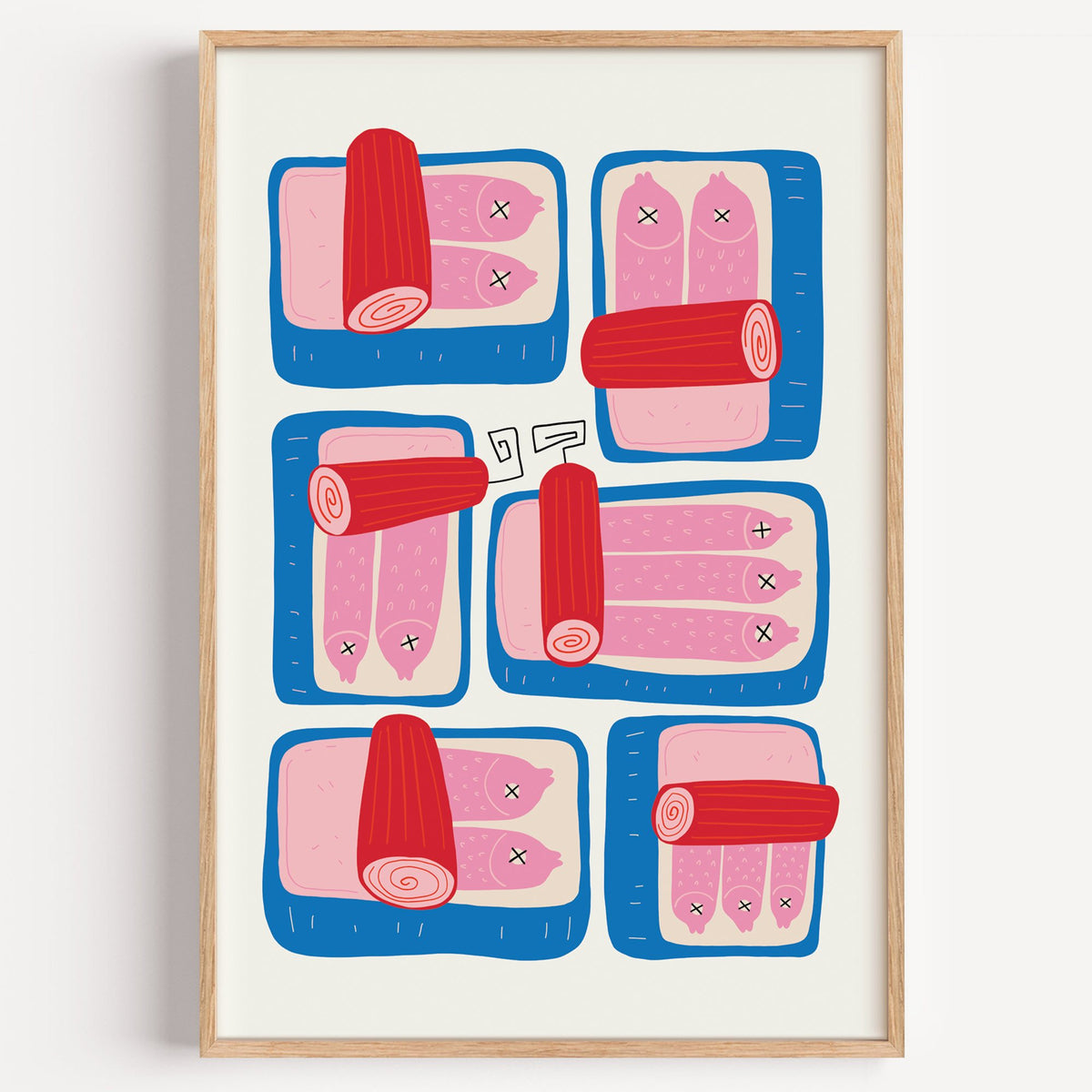 Six blue sardine tins pink fish print in a light oak frame on a plain white wall