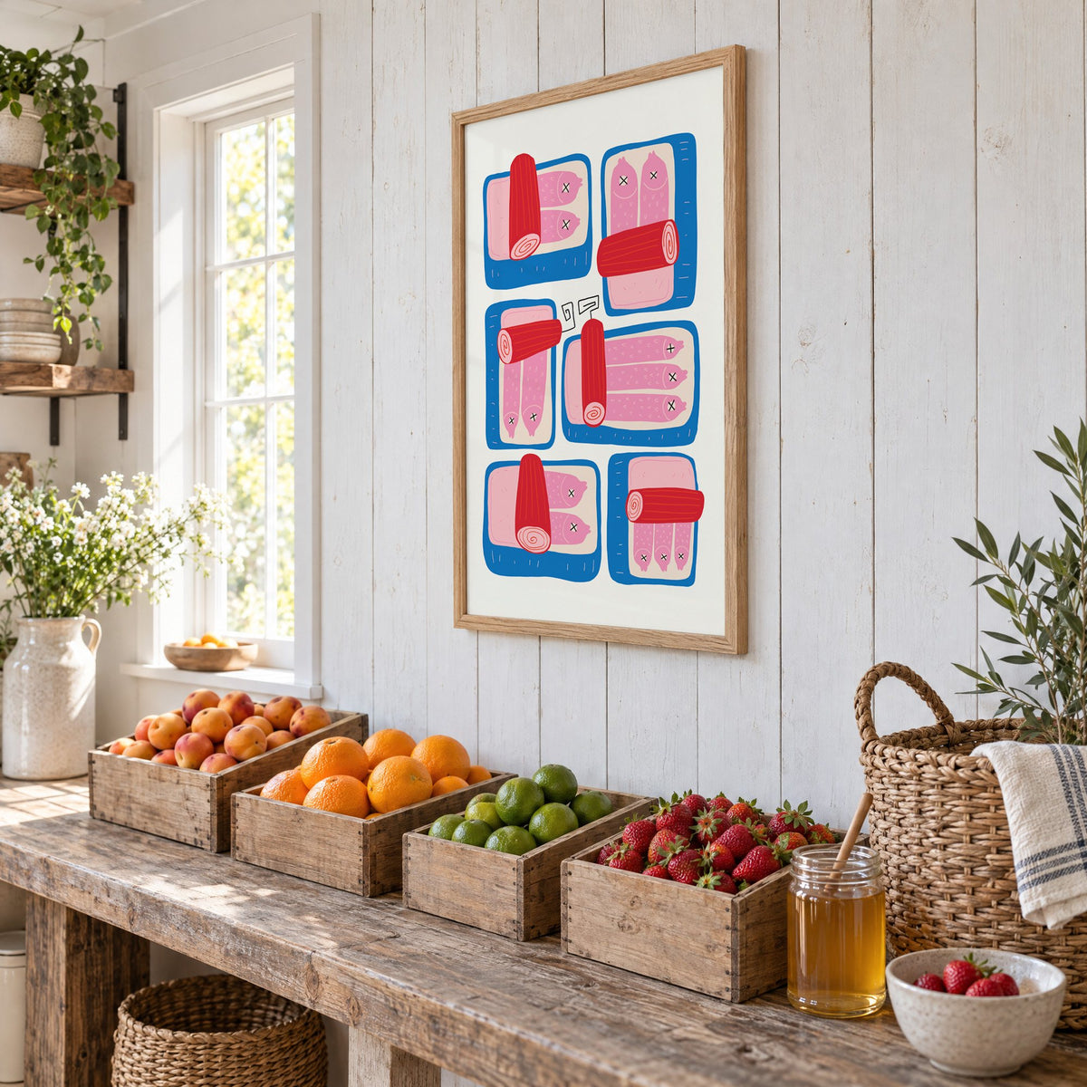 Six blue sardine tins pink fish print in an oak frame on white plank walls above wooden crates of fresh fruit, seen at an angle