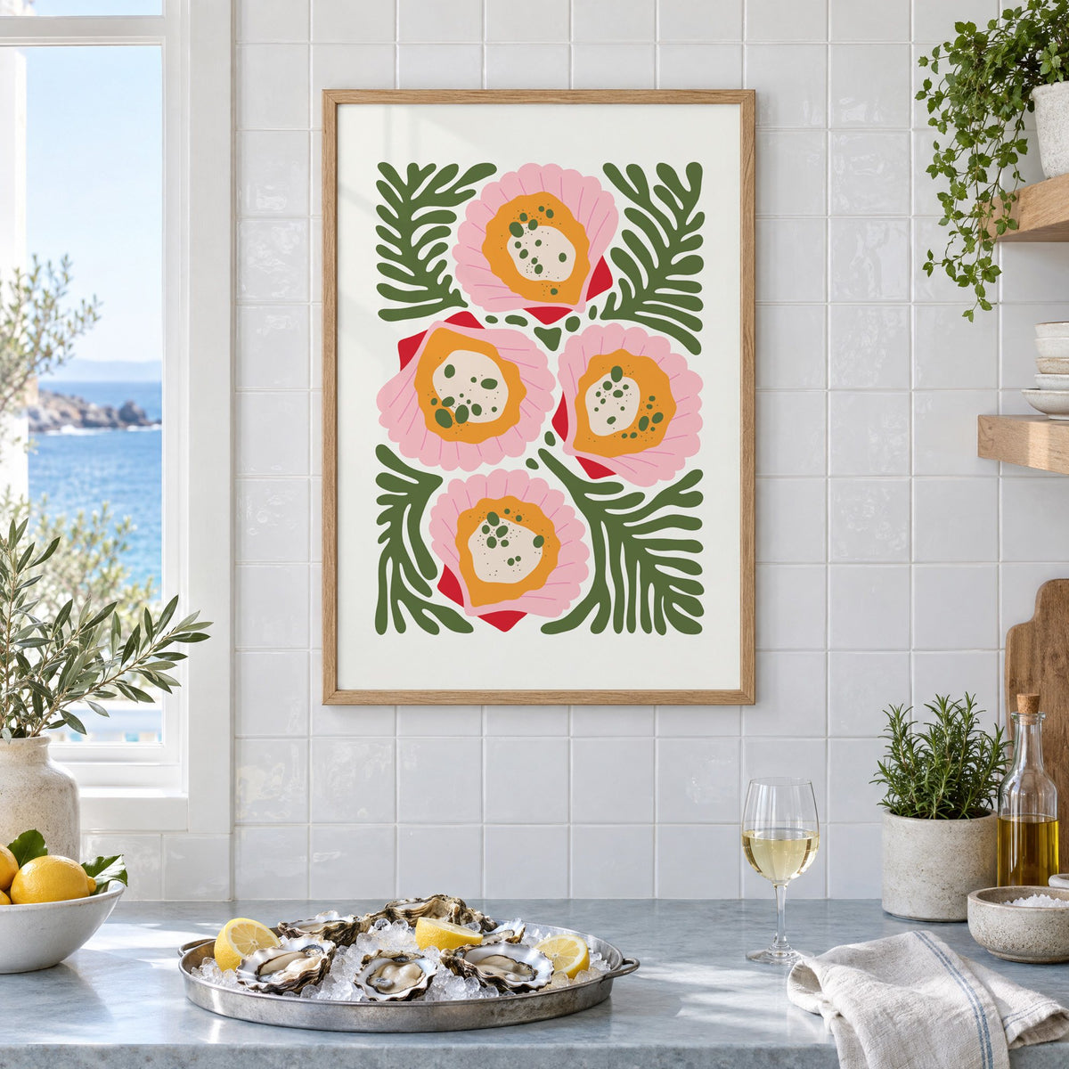 pink scallop shells green seaweed print in an oak frame on white tiles above a marble counter with oysters and lemons by a sea view