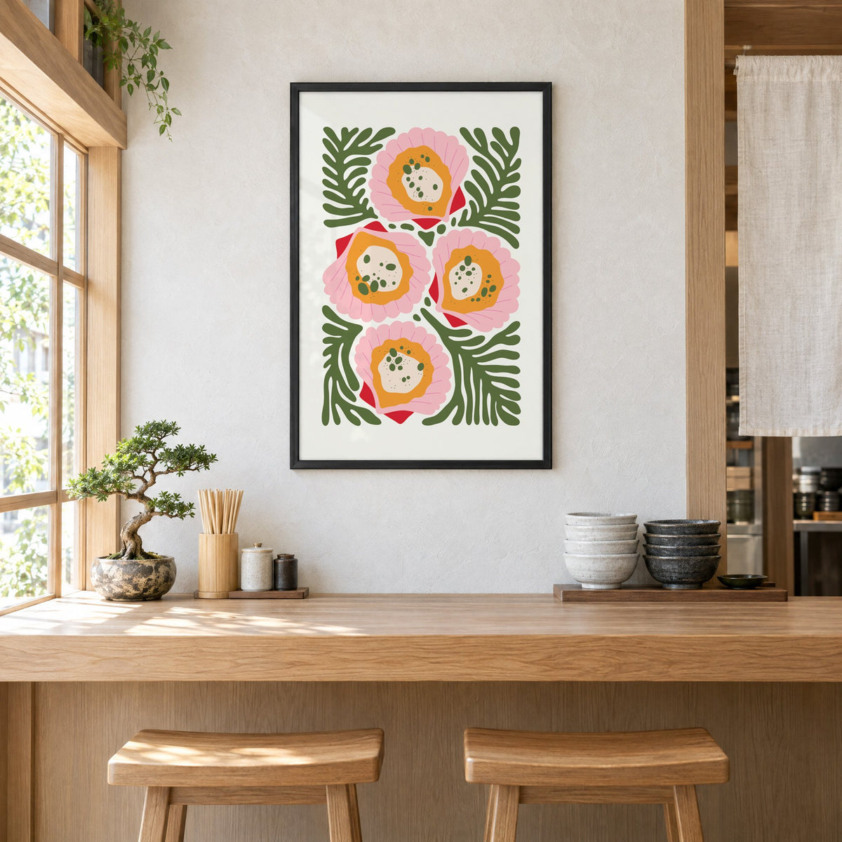 pink scallop shells green seaweed print in a black frame above a light wood ramen counter with stools and stacked bowls