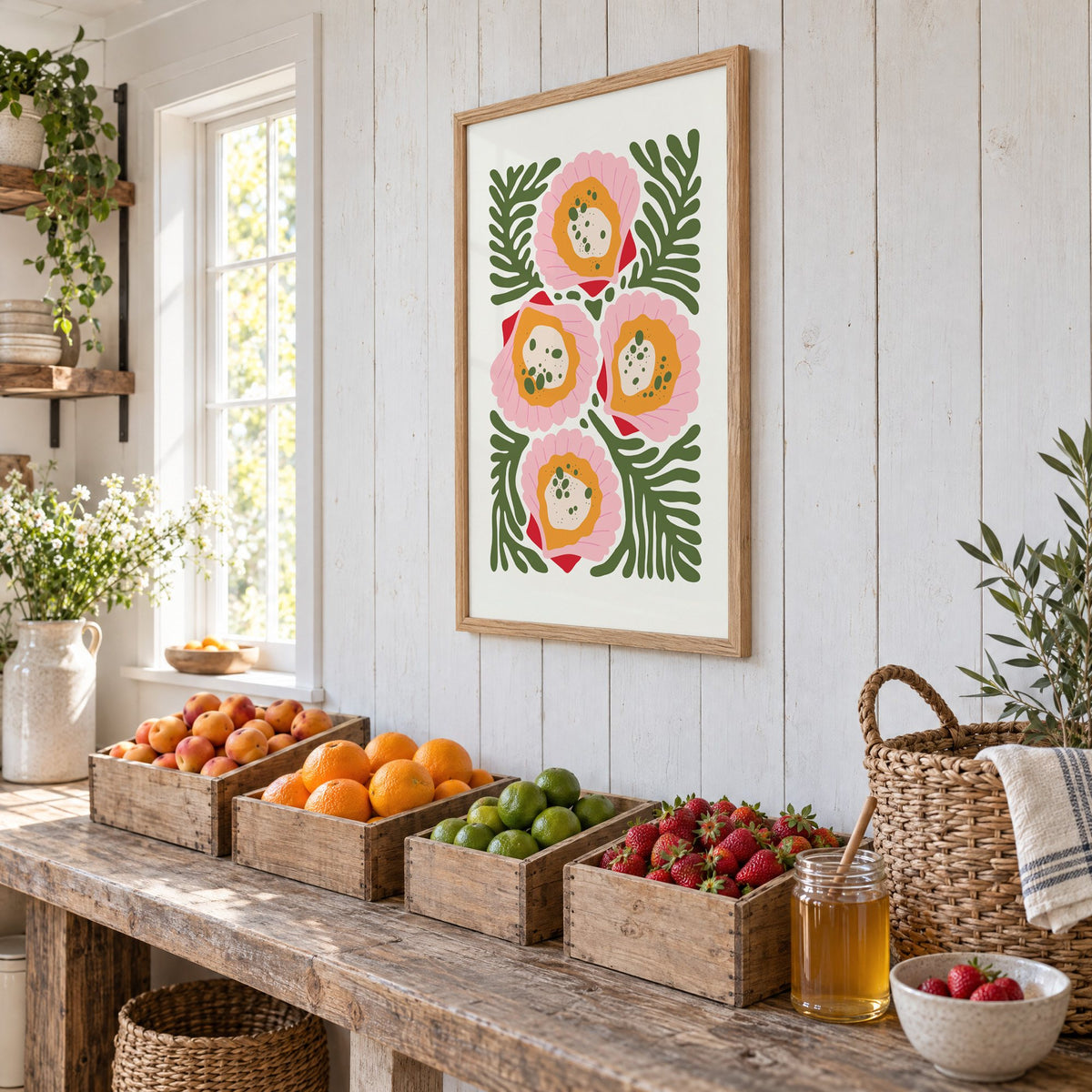pink scallop shells green seaweed print in an oak frame on white plank walls above wooden crates of fresh fruit, seen at an angle