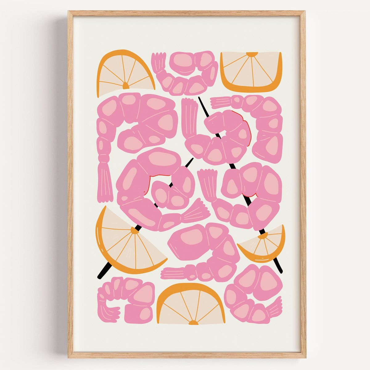 pink shrimp skewers orange wedges print in a light oak frame on a plain white wall