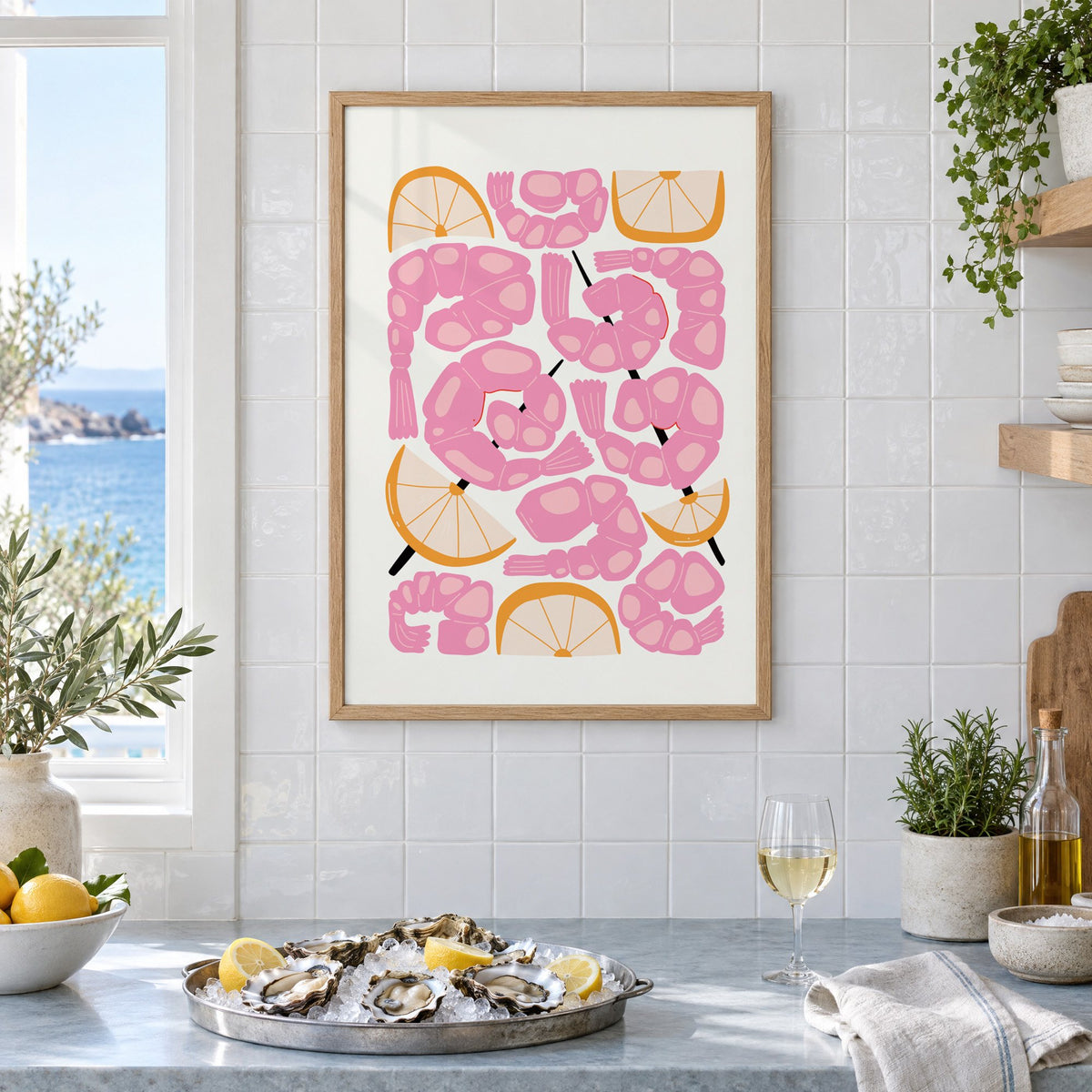 pink shrimp skewers orange wedges print in an oak frame on white tiles above a marble counter with oysters and lemons by a sea view