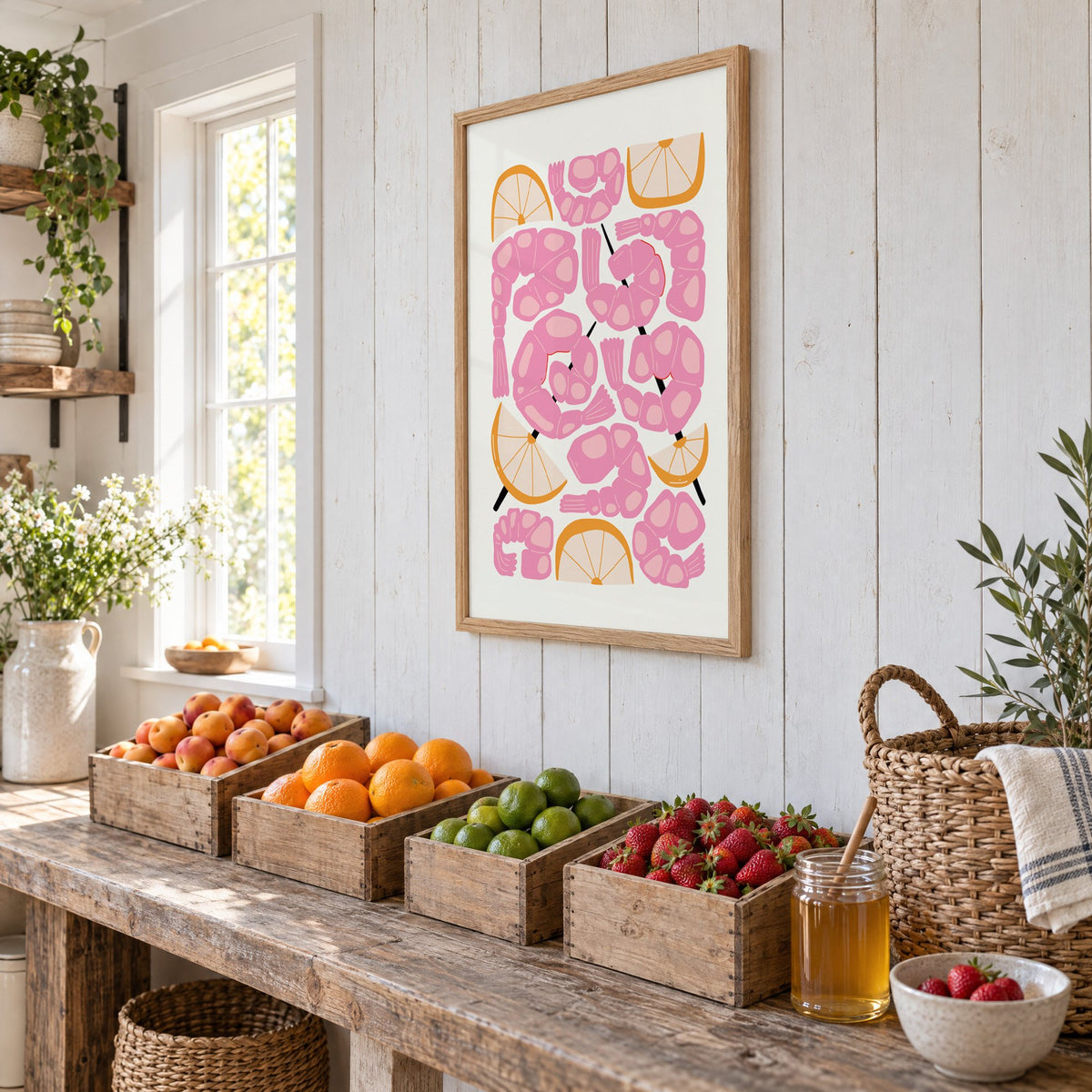 pink shrimp skewers orange wedges print in an oak frame on white plank walls above wooden crates of fresh fruit, seen at an angle