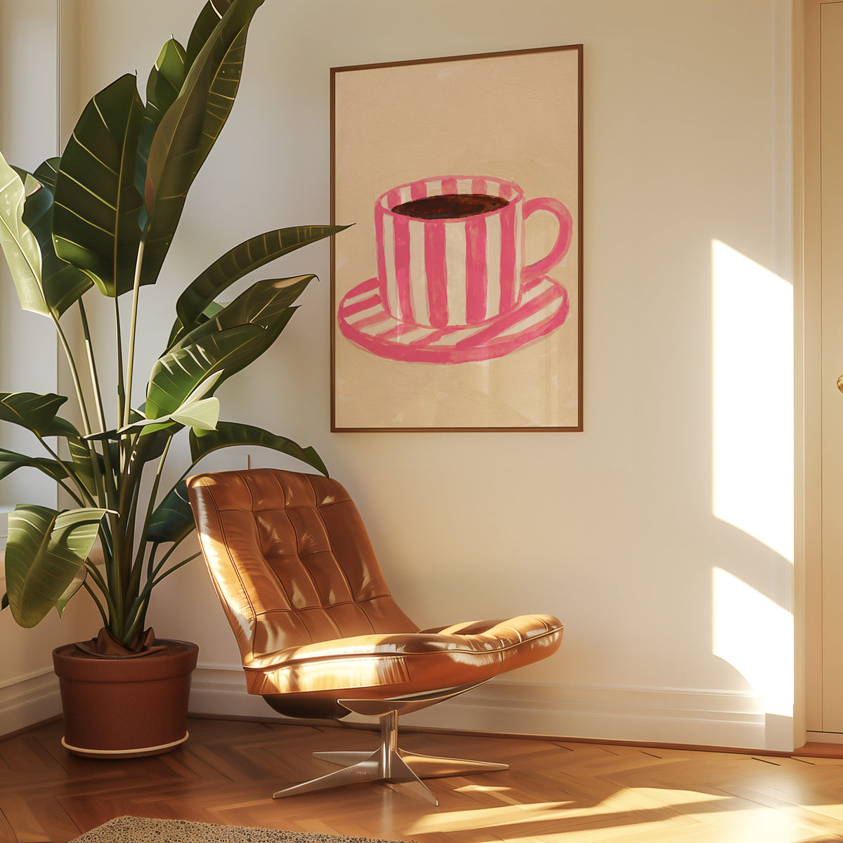 Watercolor coffee cup print in a slim walnut frame above a tan leather lounge chair