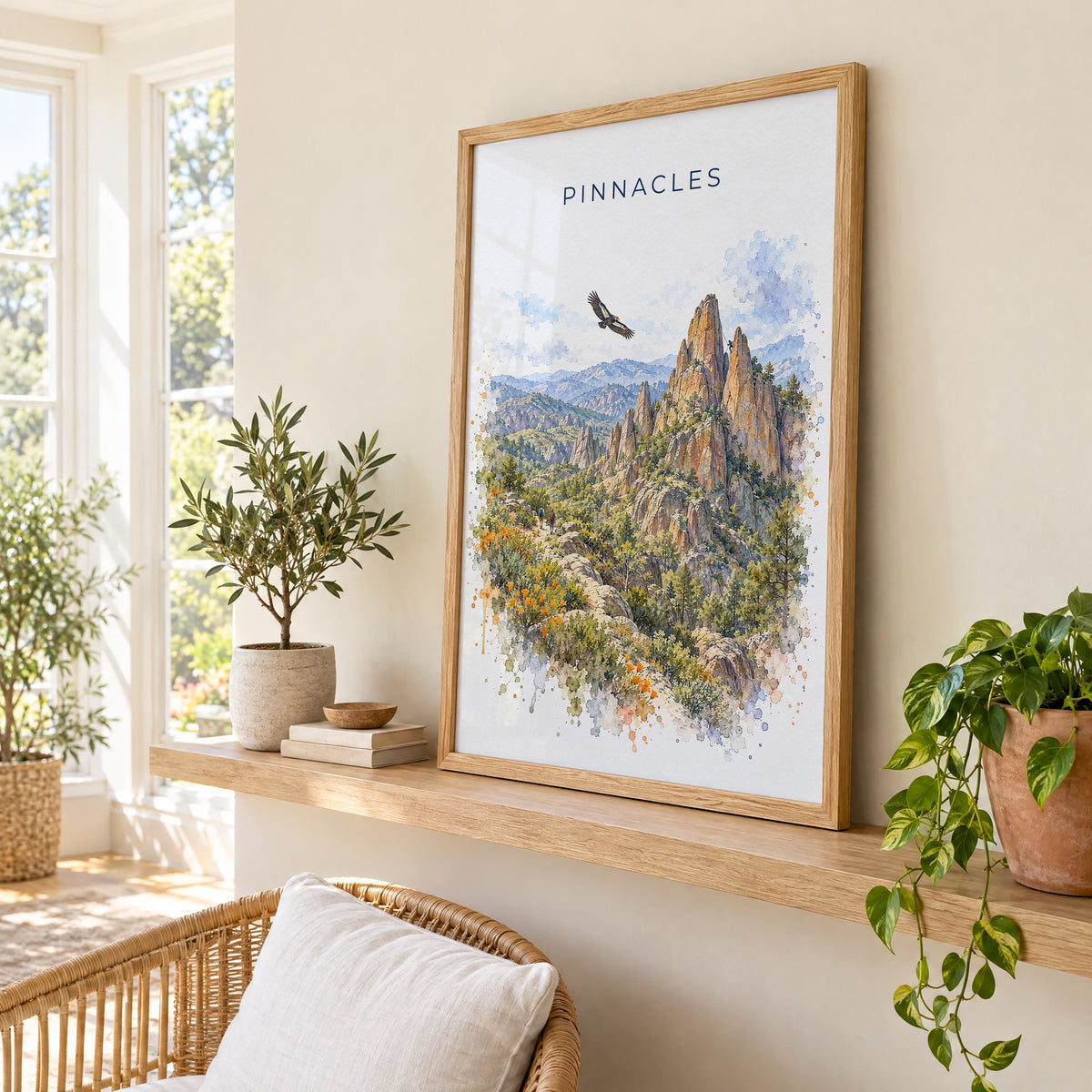 Pinnacles National Park watercolor print in an oak frame on a picture ledge in a sunlit sunroom