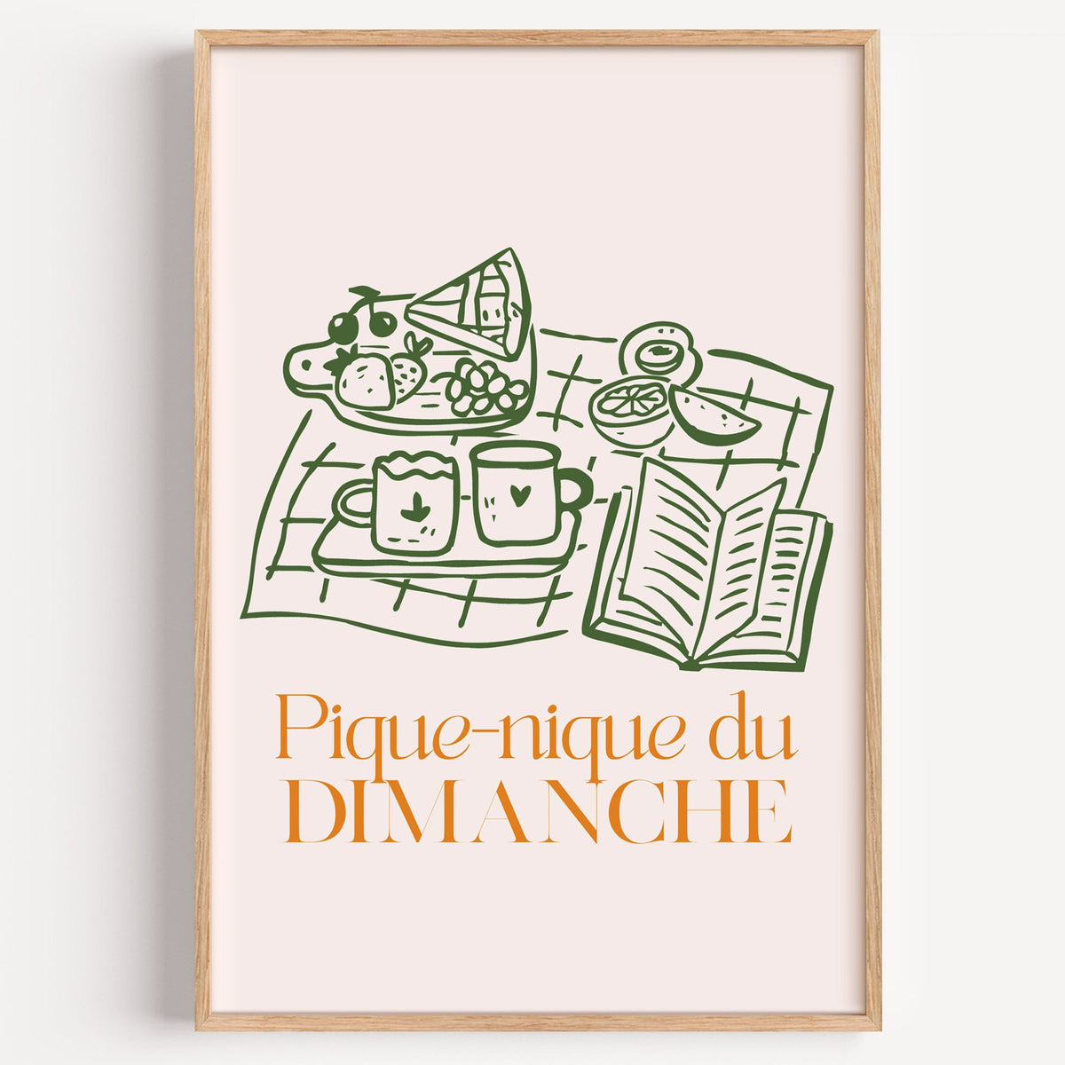 Pique-nique du DIMANCHE picnic line print in a light oak frame on a plain white wall