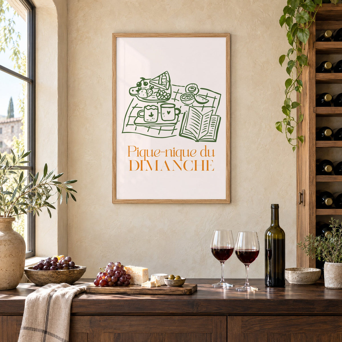 Pique-nique du DIMANCHE picnic line print in an oak frame on a limewashed wall above a wine counter with red wine, cheese and grapes
