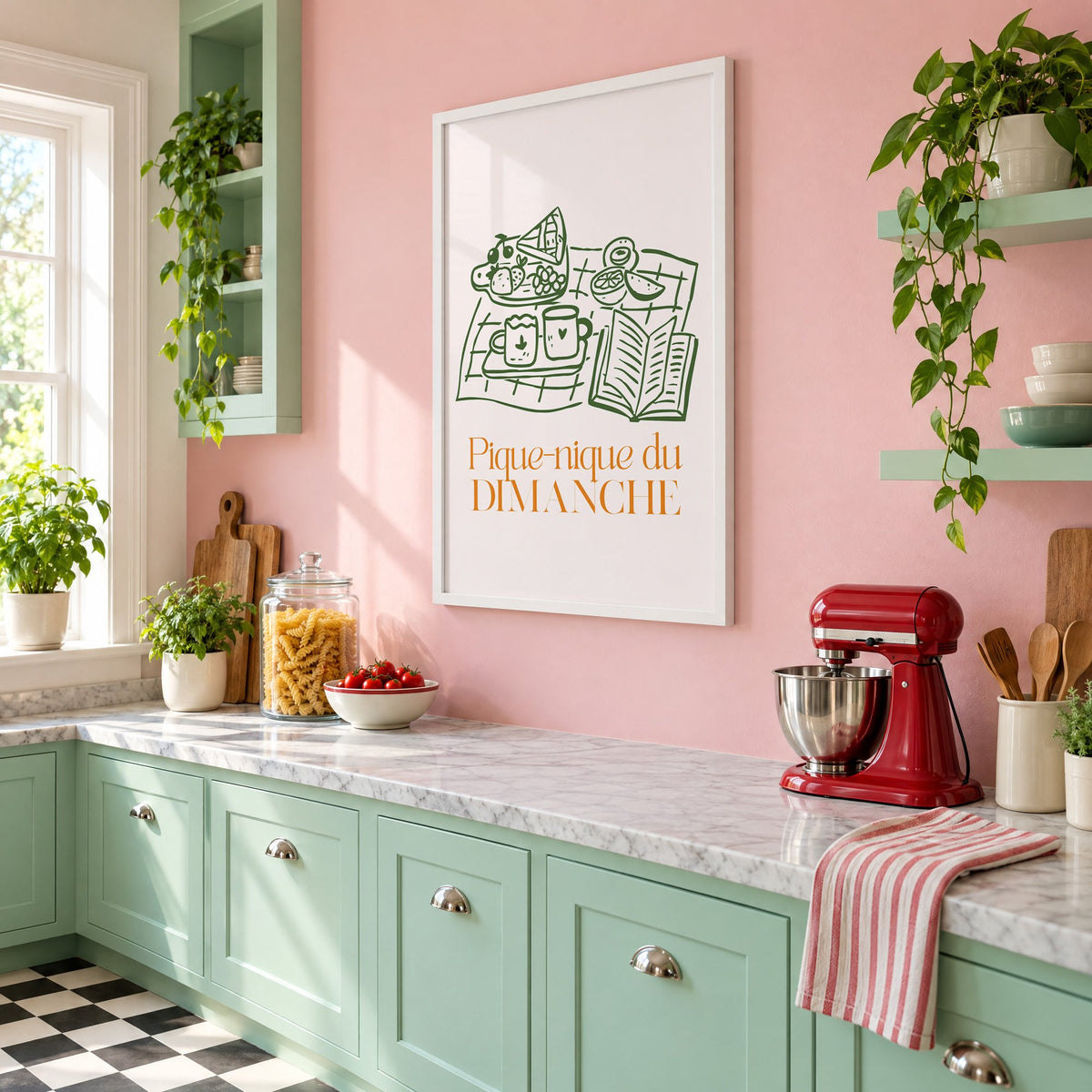 Pique-nique du DIMANCHE picnic line print in a white frame on a pink wall above mint green cabinets in a retro kitchen, seen at an angle
