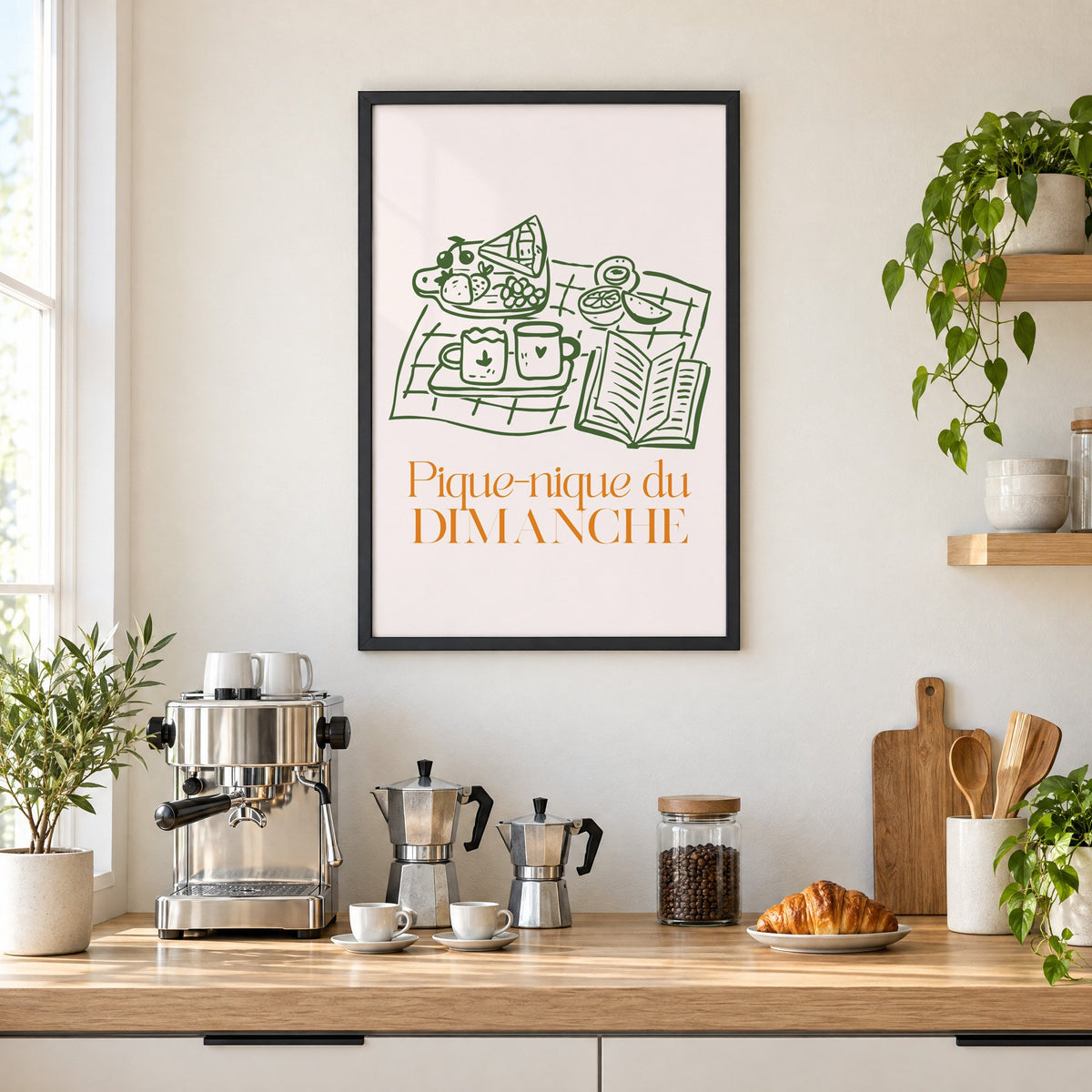 Pique-nique du DIMANCHE picnic line print in a black frame above a home espresso bar with moka pots and espresso cups