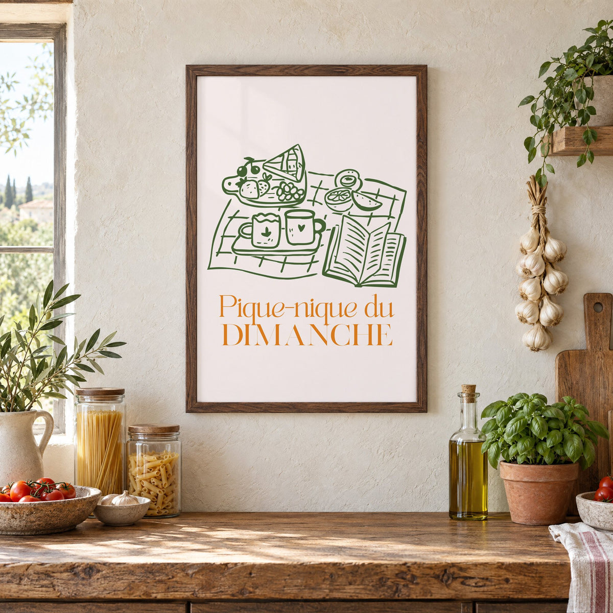 Pique-nique du DIMANCHE picnic line print in a walnut frame above a rustic Italian pantry counter with pasta jars, garlic and tomatoes
