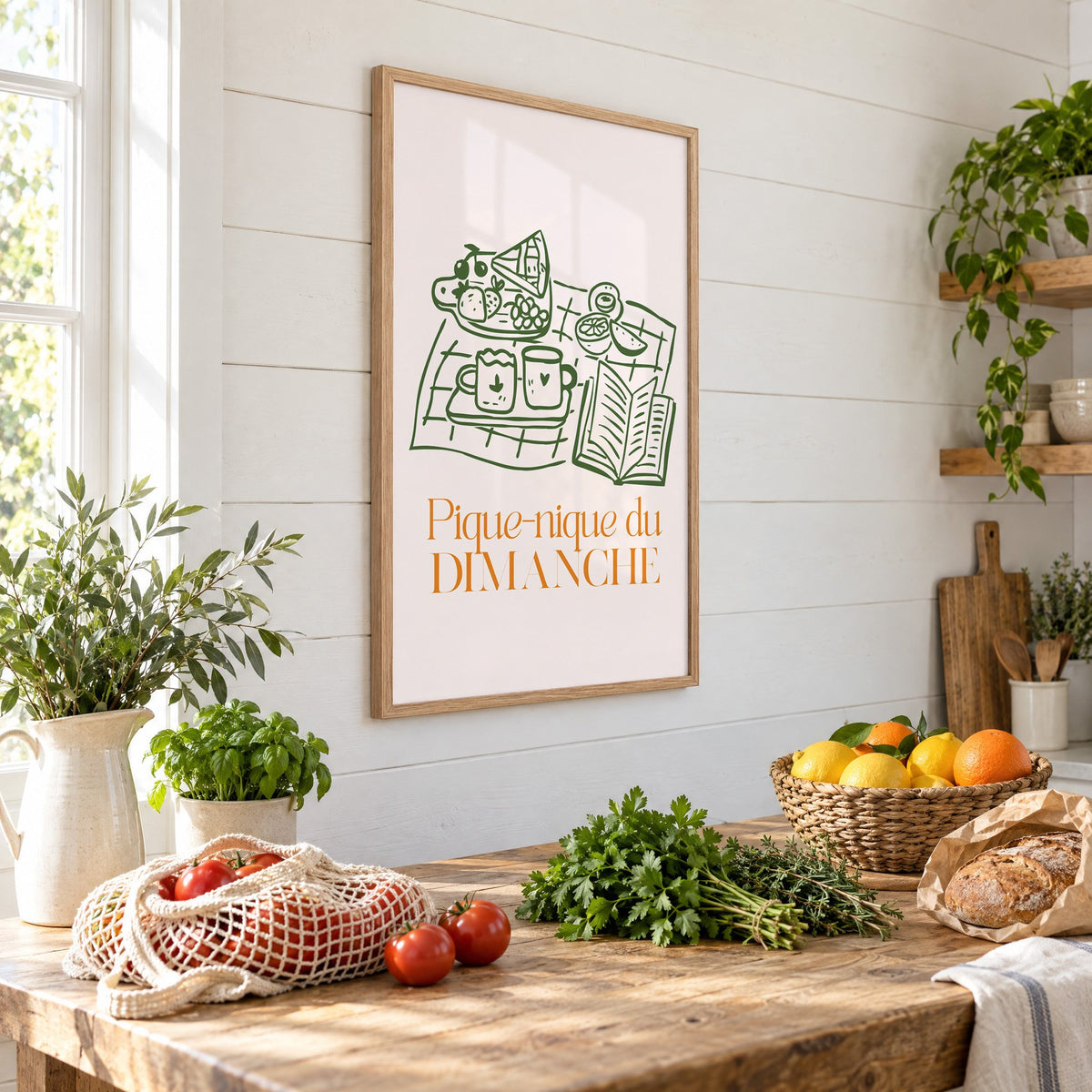 Pique-nique du DIMANCHE picnic line print in an oak frame on a shiplap wall above a farm table with market tomatoes and citrus, seen at an angle