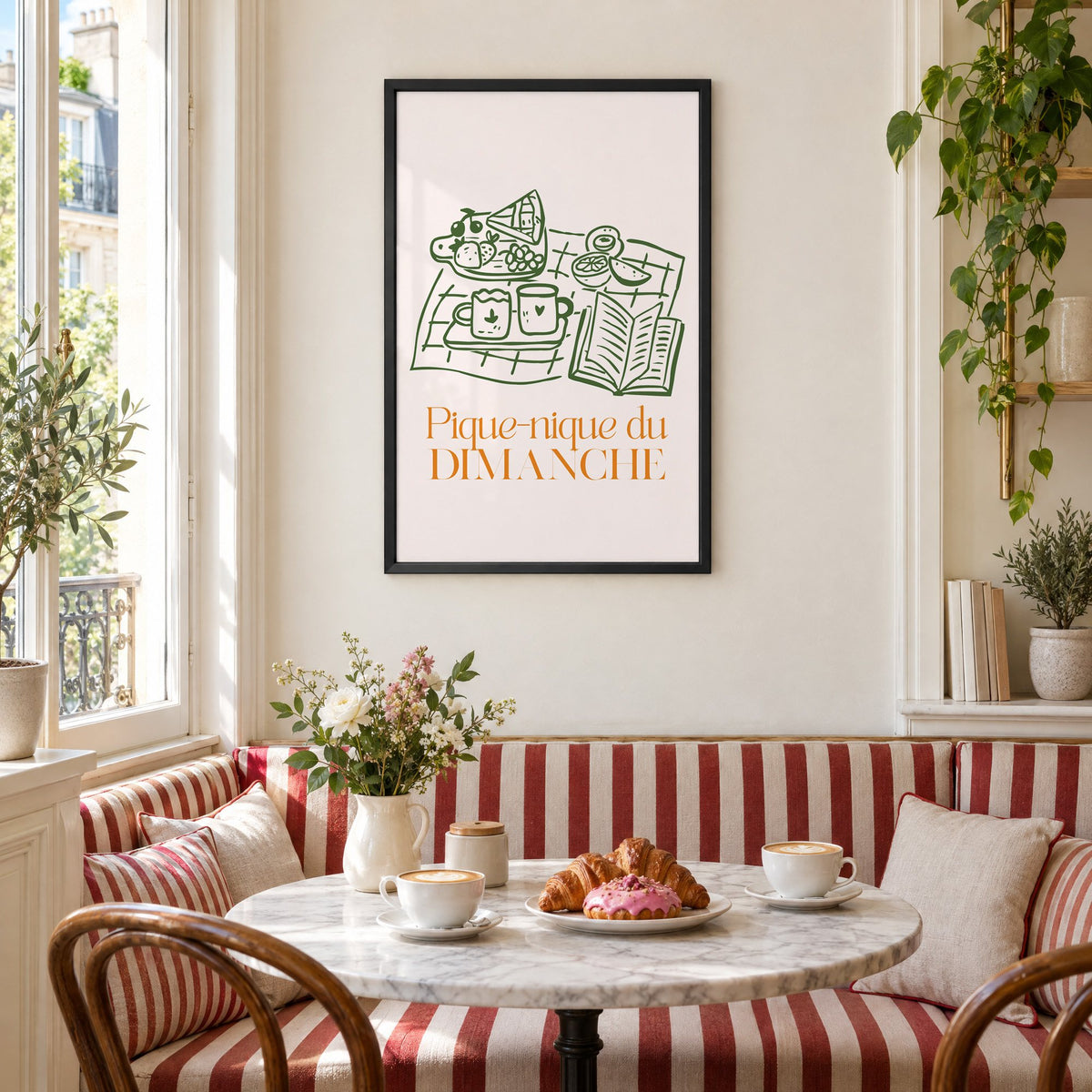 Pique-nique du DIMANCHE picnic line print in a black frame above a striped cafe breakfast nook with cappuccino and pastries