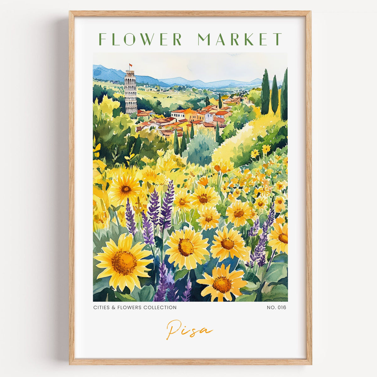 Pisa flower market print in a light oak frame on a plain white wall