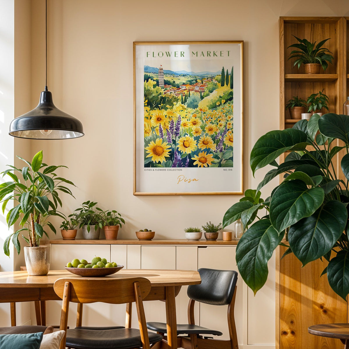 Pisa flower market print in an oak frame above a dining sideboard lined with potted plants