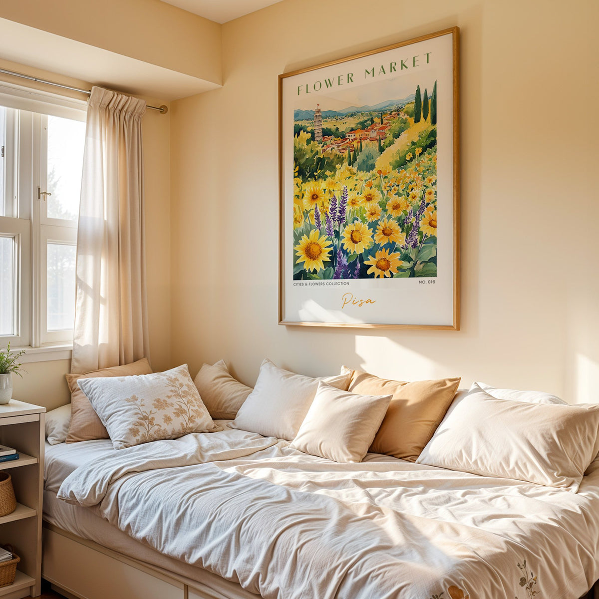 Pisa flower market print in an oak frame above a cream daybed in a sunny bedroom