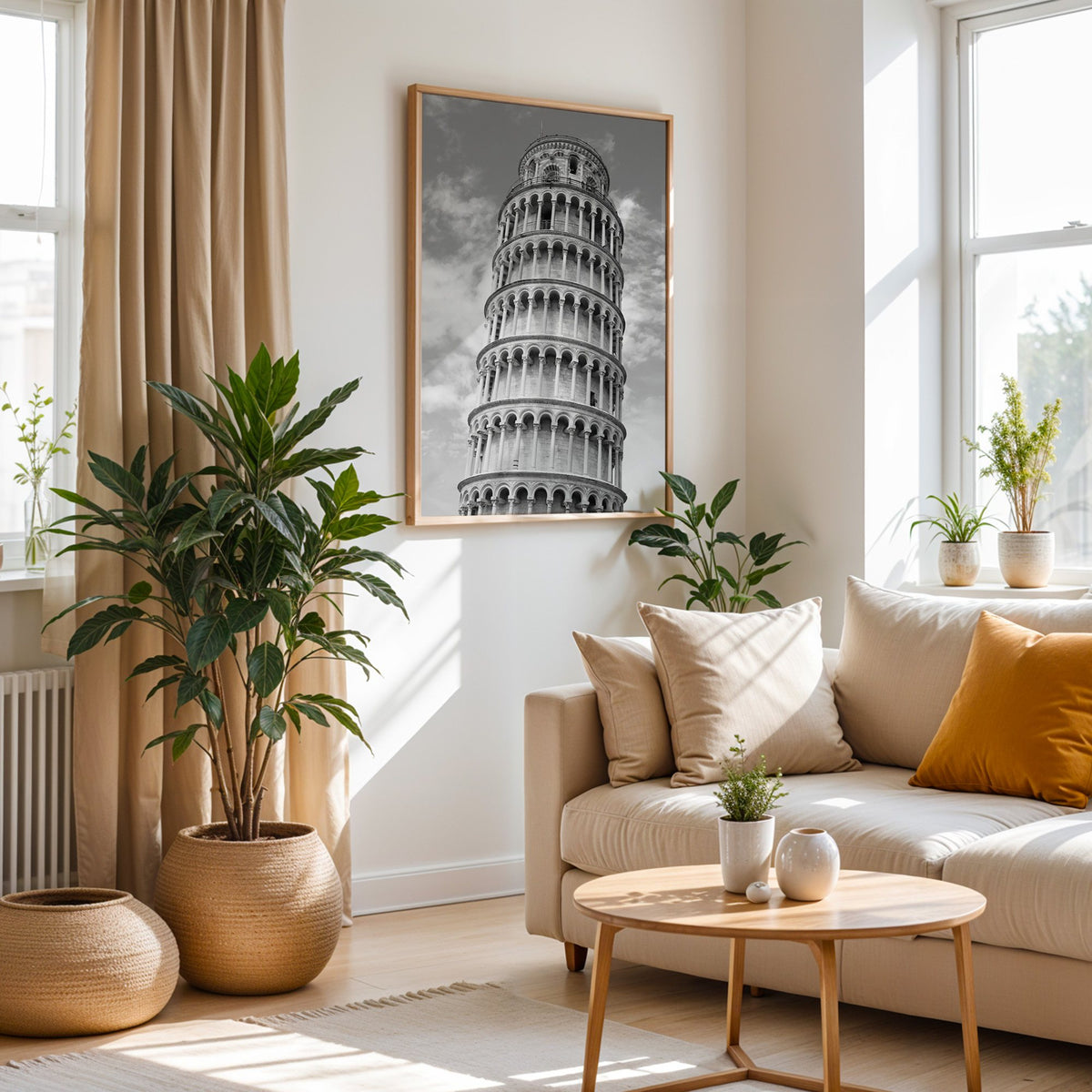 Leaning Tower of Pisa arcades from below print in an oak frame above a cream sofa beside woven planters