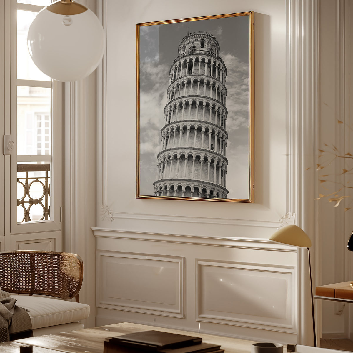 Leaning Tower of Pisa arcades from below print shown in a gold frame in a Parisian paneled living room