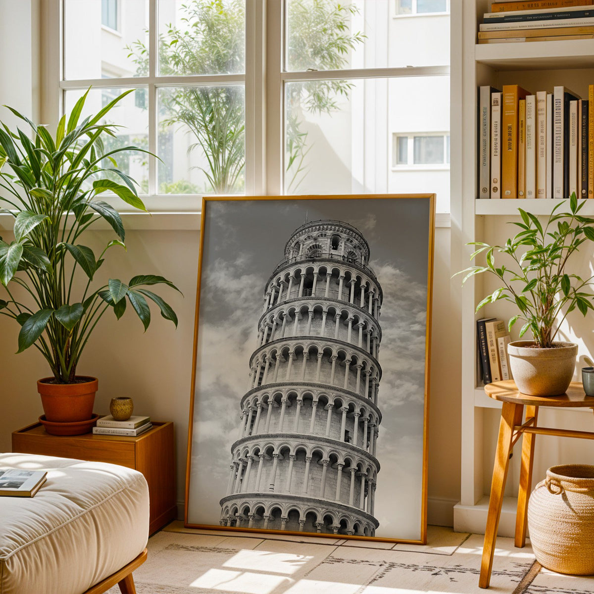 Leaning Tower of Pisa arcades from below print shown in a brass frame leaning on a sunlit living room floor
