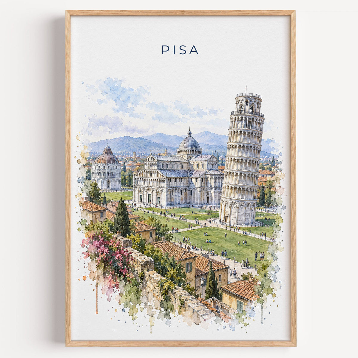 Pisa watercolor print in a light oak frame on a plain white wall