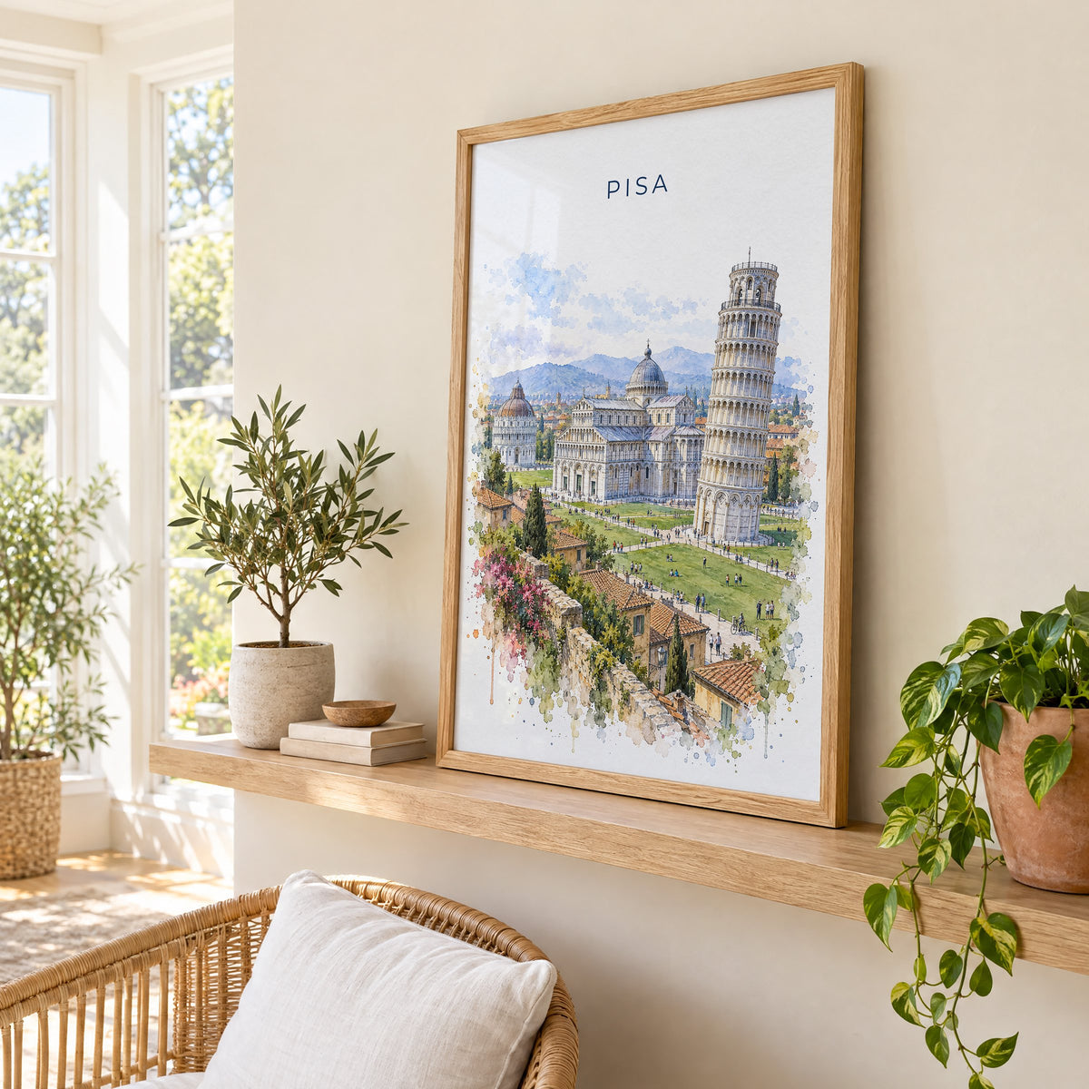 Pisa watercolor print in an oak frame on a picture ledge in a sunlit sunroom