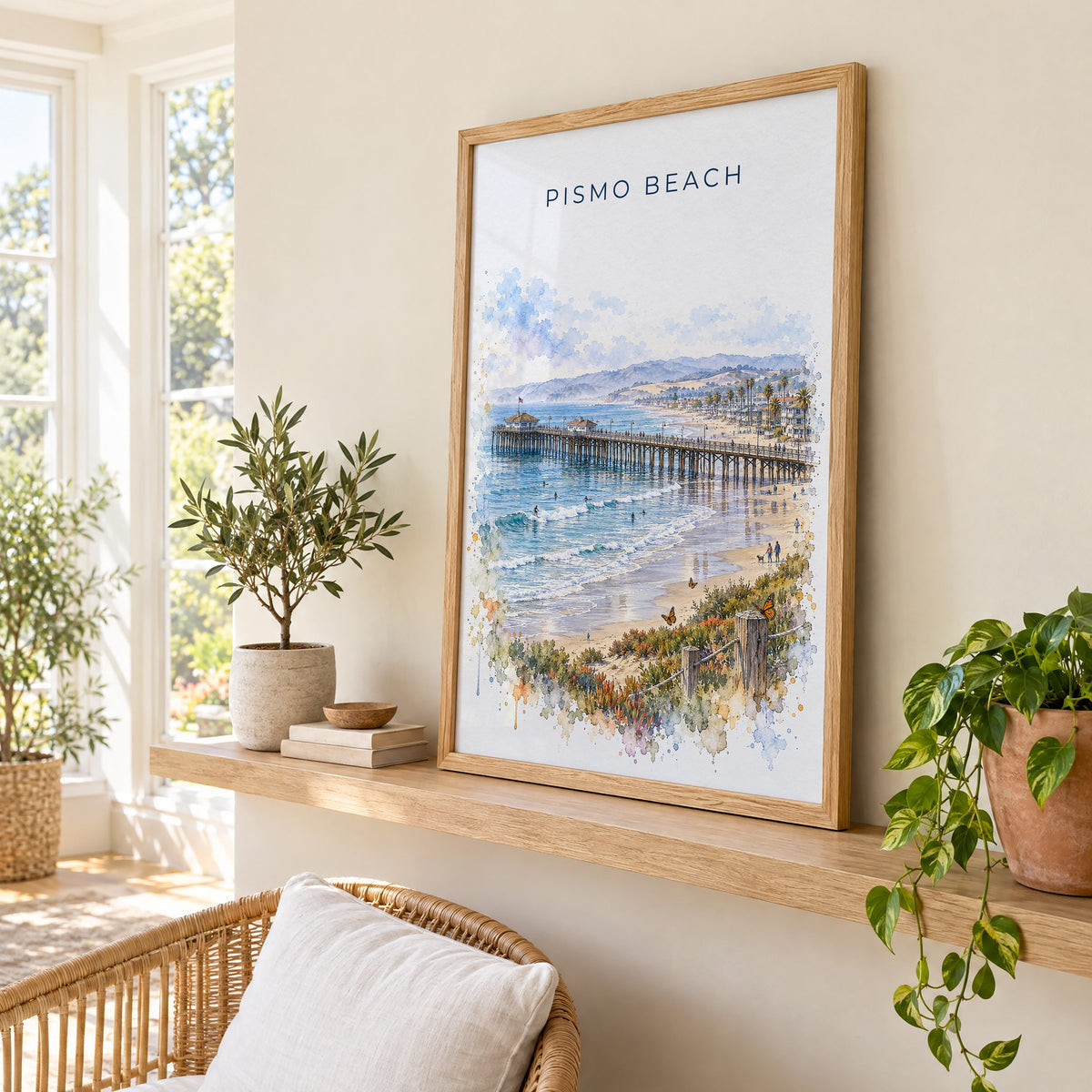 Pismo Beach watercolor print in an oak frame on a picture ledge in a sunlit sunroom