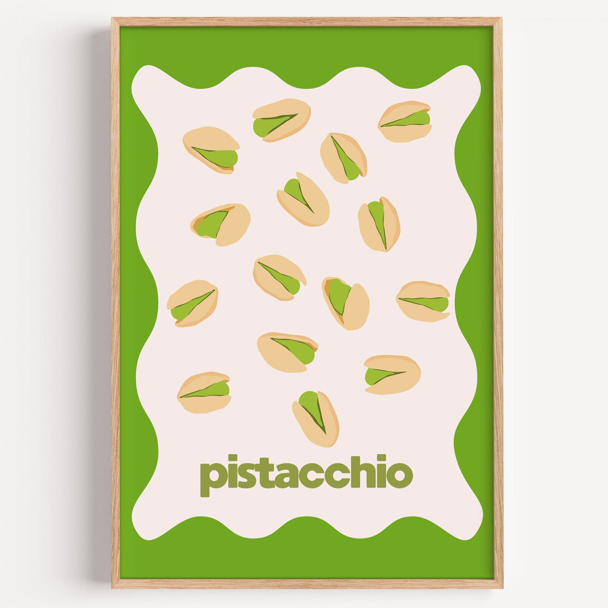 pistacchio pistachio nuts green wavy frame print in a light oak frame on a plain white wall
