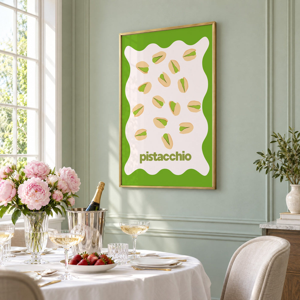 pistacchio pistachio nuts green wavy frame print in a brass frame on a sage wall above a brunch table with champagne and peonies, seen at an angle