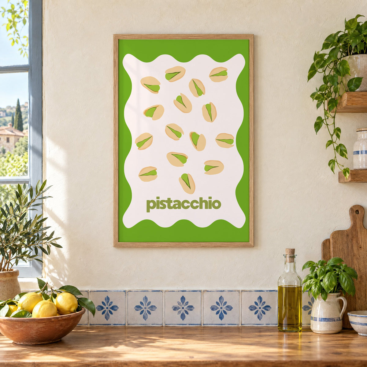 pistacchio pistachio nuts green wavy frame print in an oak frame on a cream plaster wall above a worktop with a bowl of lemons and blue-and-white tiles