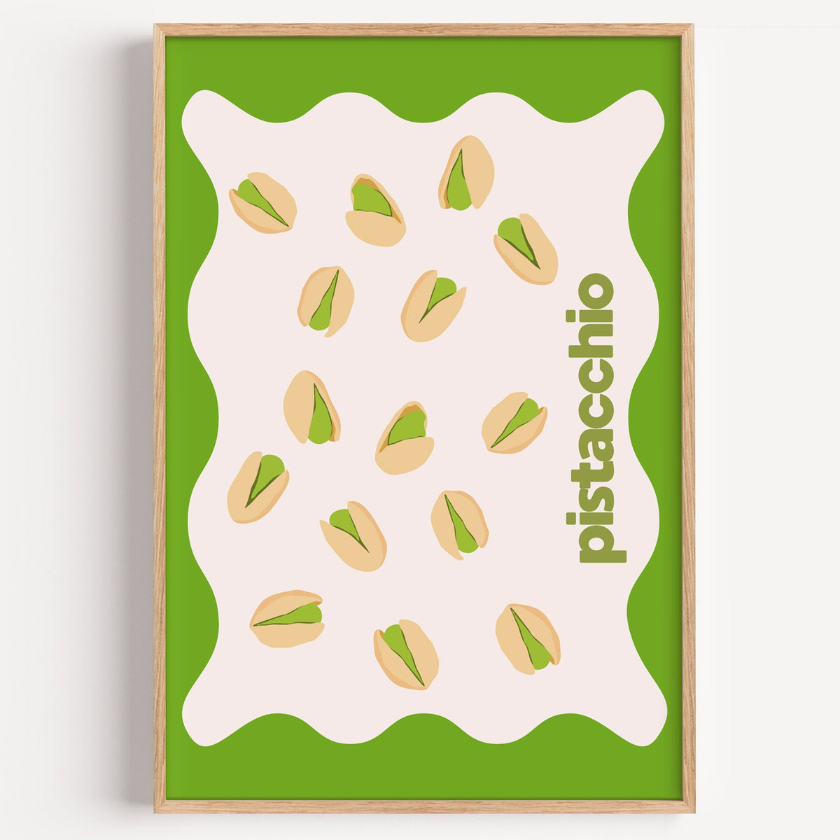 pistacchio vertical type pistachio nuts print in a light oak frame on a plain white wall