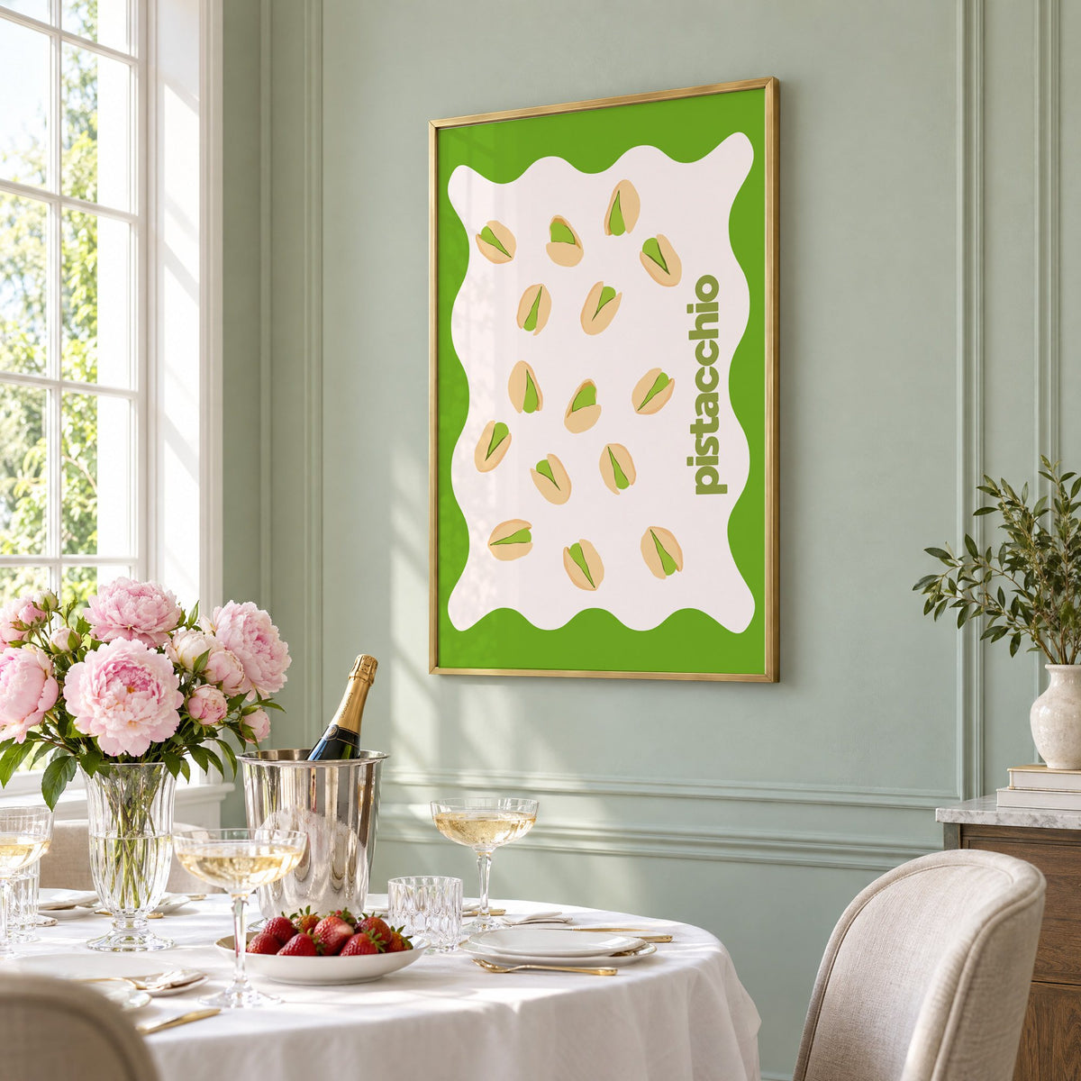 pistacchio vertical type pistachio nuts print in a brass frame on a sage wall above a brunch table with champagne and peonies, seen at an angle