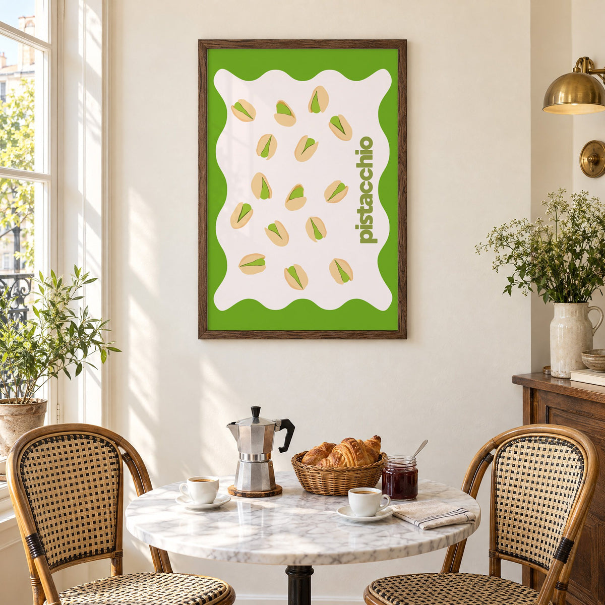 pistacchio vertical type pistachio nuts print in a walnut frame above a marble bistro table with croissants and rattan chairs