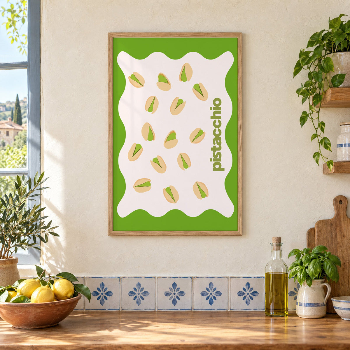 pistacchio vertical type pistachio nuts print in an oak frame on a cream plaster wall above a worktop with a bowl of lemons and blue-and-white tiles