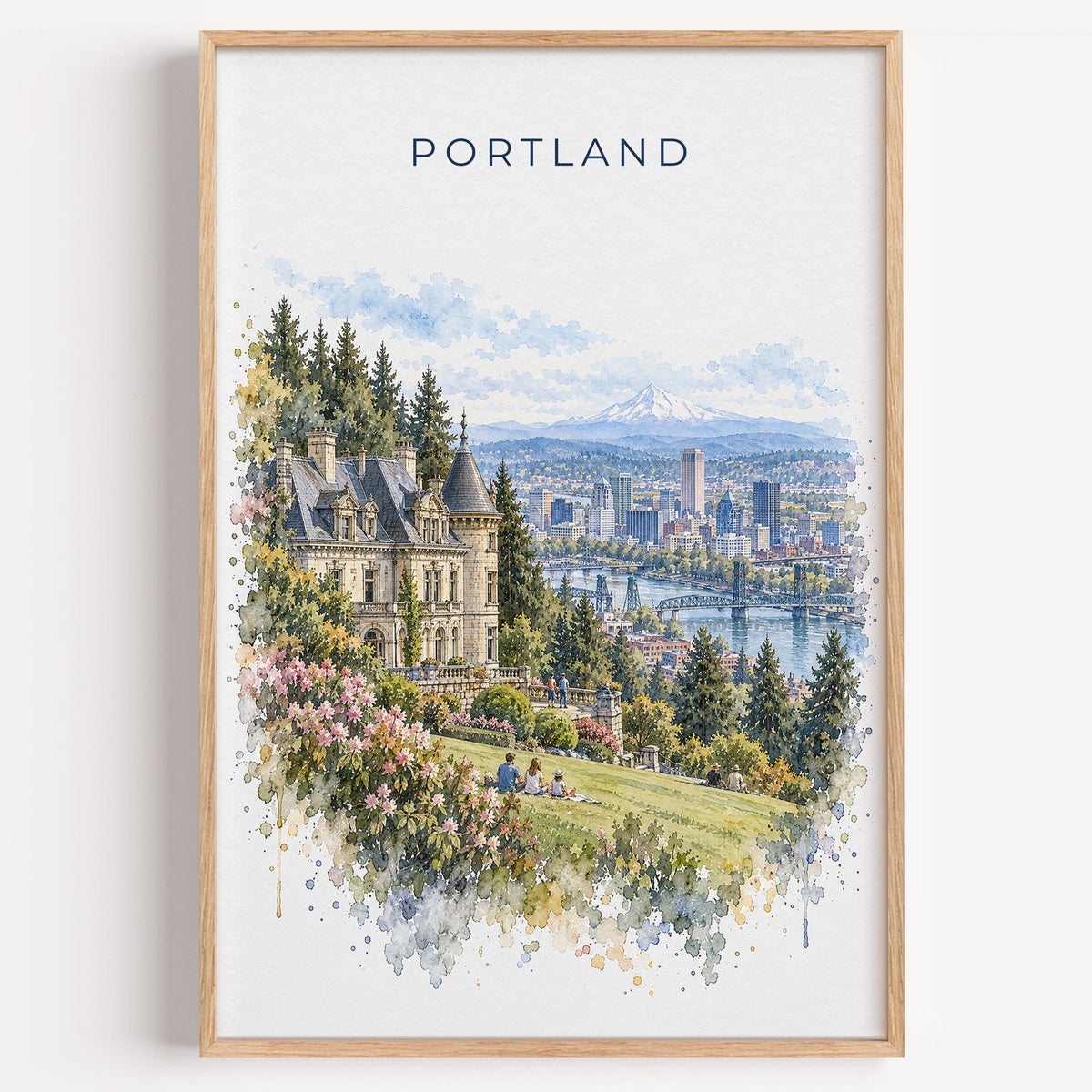 Pittock Mansion Portland watercolor print in a light oak frame on a plain white wall