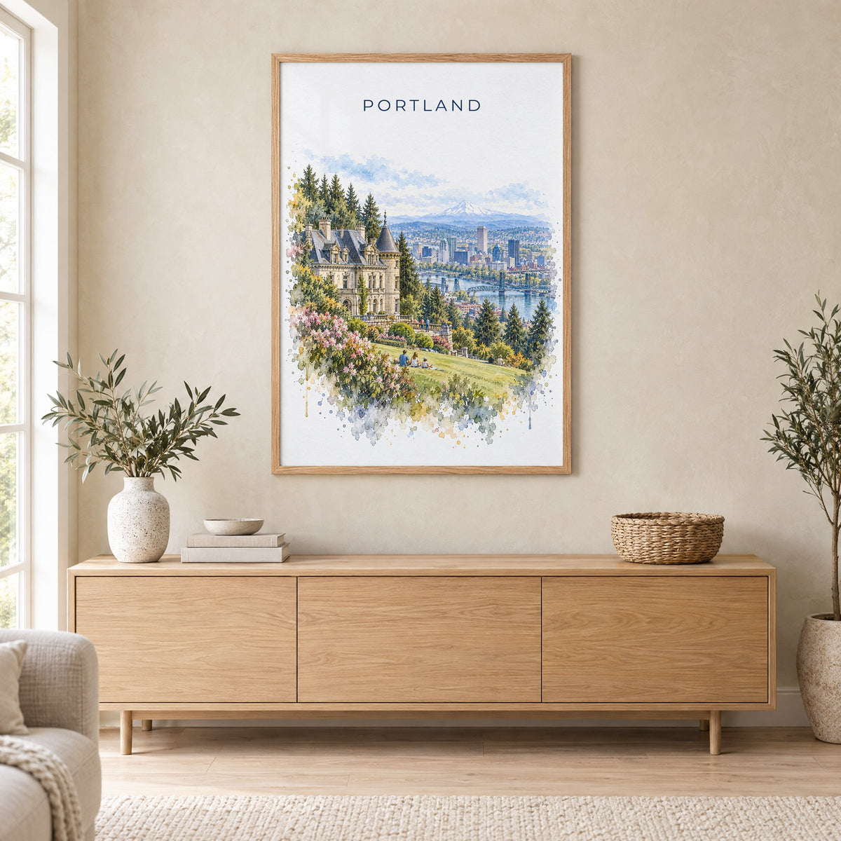 Pittock Mansion Portland watercolor print in an oak frame above a light wood sideboard in a Scandinavian living room