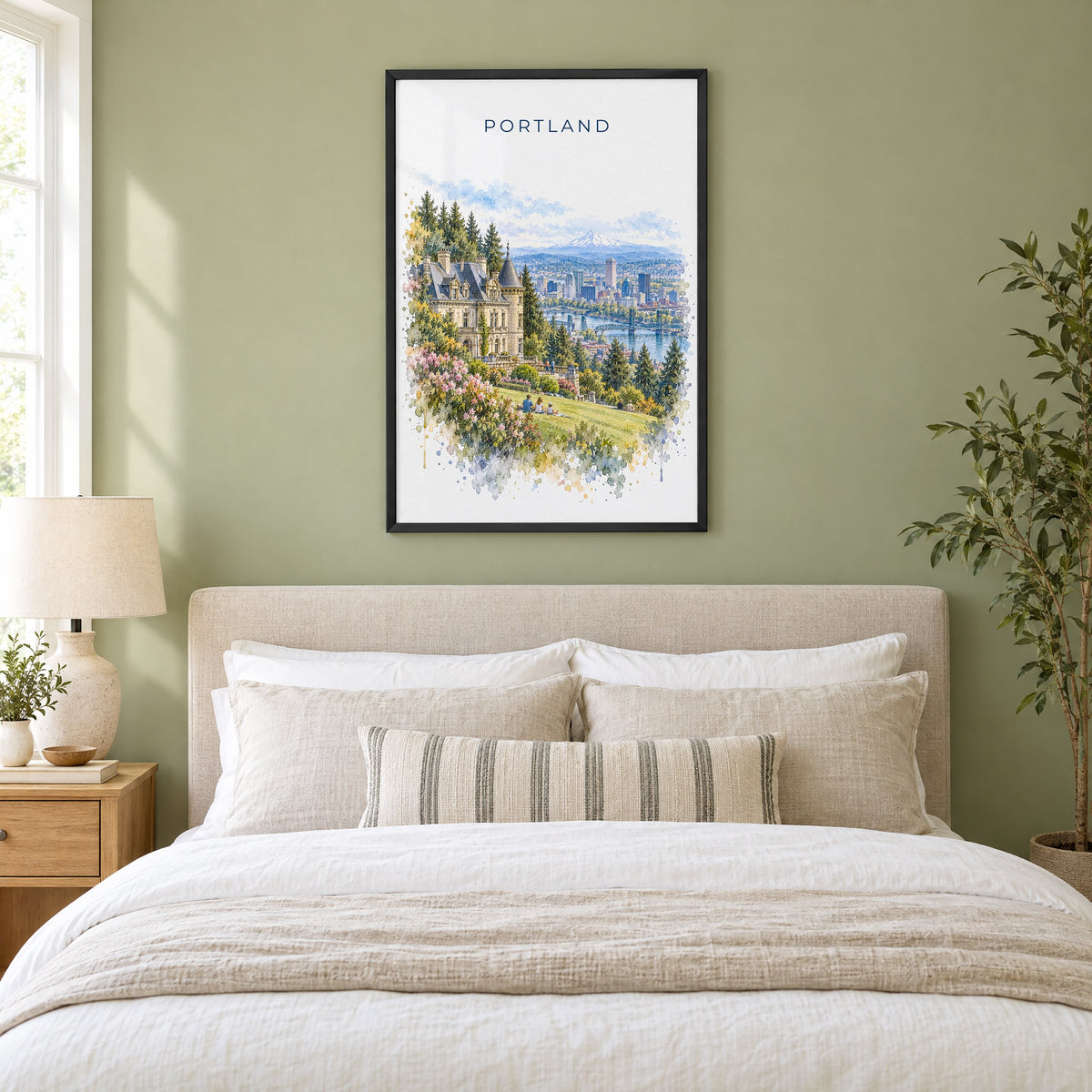 Pittock Mansion Portland watercolor print in a black frame above an upholstered headboard in a sage green bedroom