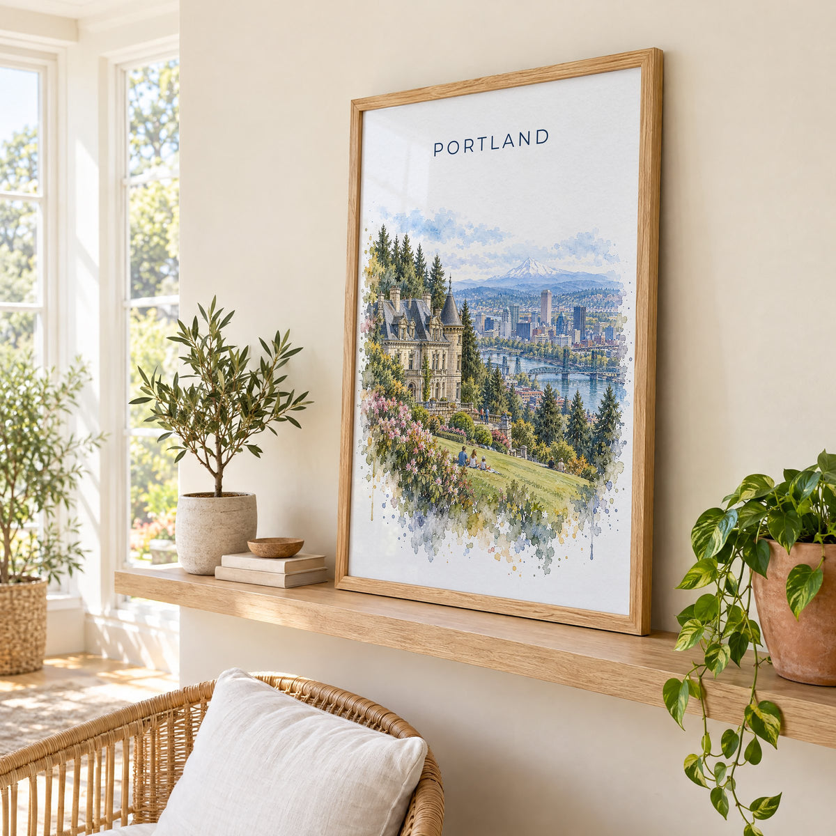 Pittock Mansion Portland watercolor print in an oak frame on a picture ledge in a sunlit sunroom